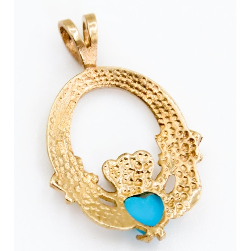 348 - Turquoise Set Claddagh Pendant Set in 9 Carat Yellow Gold 2.5 cm High