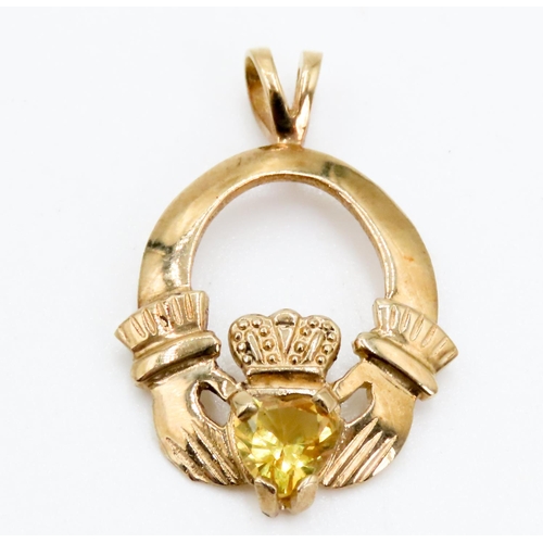 349 - Citrine Set Claddagh Pendant Set in 9 Carat Yellow Gold 2.5 cm High