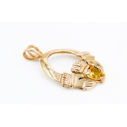 349 - Citrine Set Claddagh Pendant Set in 9 Carat Yellow Gold 2.5 cm High