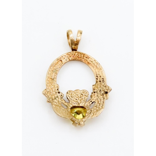 349 - Citrine Set Claddagh Pendant Set in 9 Carat Yellow Gold 2.5 cm High