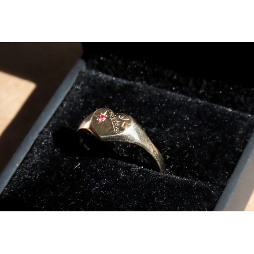 356 - 9 Carat Yellow Gold Heart Form Panel Signet Ring with Ruby Inset Ring Size M