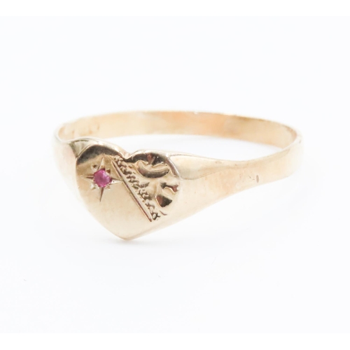 356 - 9 Carat Yellow Gold Heart Form Panel Signet Ring with Ruby Inset Ring Size M