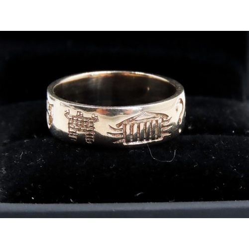 357 - Unusual 9 Carat Yellow Gold Band Ring with Various Incised Symbols Ring Size O