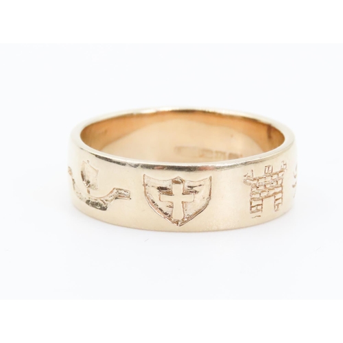 357 - Unusual 9 Carat Yellow Gold Band Ring with Various Incised Symbols Ring Size O