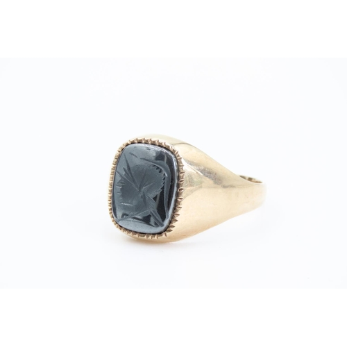 364 - Hematite Intaglio Gents 9 Carat Yellow Gold Ring Size  R and a Half