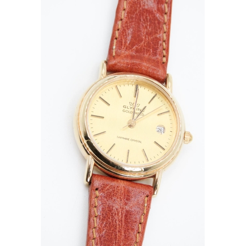 369 - Ladies Glycine of Switzerland Gold Tone Wristwatch with Gold Dial and Brown Leather Strap As New Unw... 