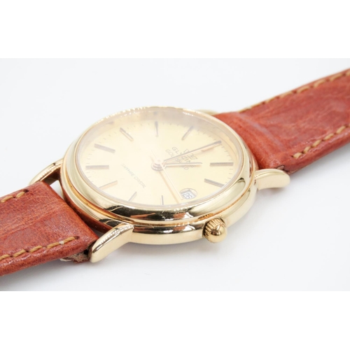 369 - Ladies Glycine of Switzerland Gold Tone Wristwatch with Gold Dial and Brown Leather Strap As New Unw... 