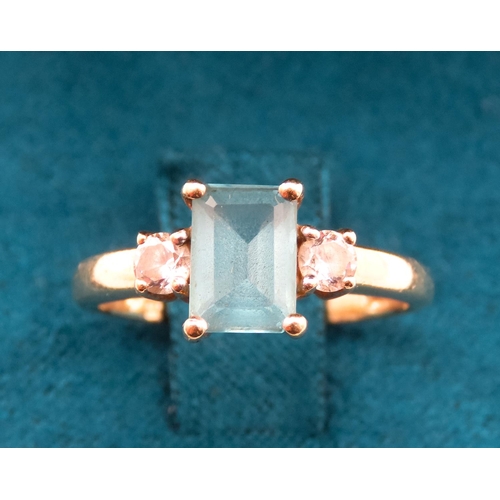 37 - Emerald Cut Alpine Blue Topaz Ring with Twin Gemstone Mounted to Shoulders Set in 9 Carat Yellow Gol... 