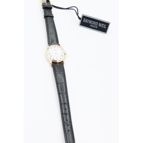 377 - Ladies Raymond Weil Geneve Swiss Made Gold Tone Wrist Watch with Original Black Leather Strap