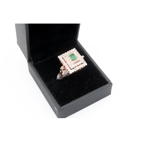 381 - Emerald Ring with Two Row Diamond Halo Set in 9 Carat Rose Gold Ring Size P