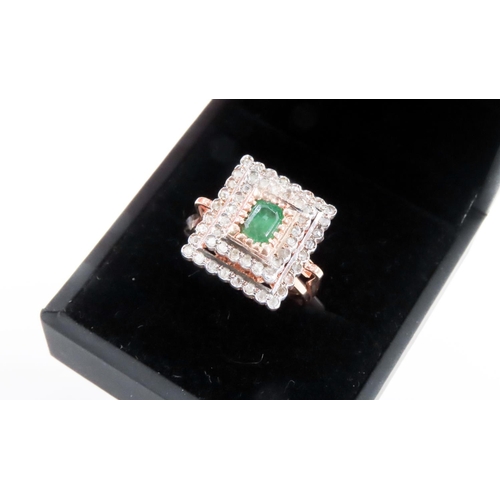 381 - Emerald Ring with Two Row Diamond Halo Set in 9 Carat Rose Gold Ring Size P