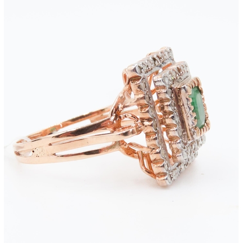 381 - Emerald Ring with Two Row Diamond Halo Set in 9 Carat Rose Gold Ring Size P