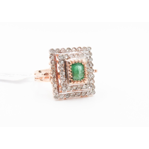 381 - Emerald Ring with Two Row Diamond Halo Set in 9 Carat Rose Gold Ring Size P