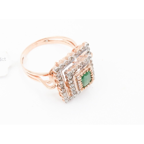 381 - Emerald Ring with Two Row Diamond Halo Set in 9 Carat Rose Gold Ring Size P