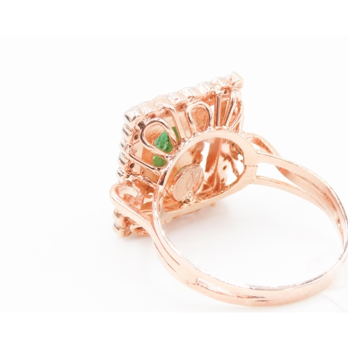 381 - Emerald Ring with Two Row Diamond Halo Set in 9 Carat Rose Gold Ring Size P