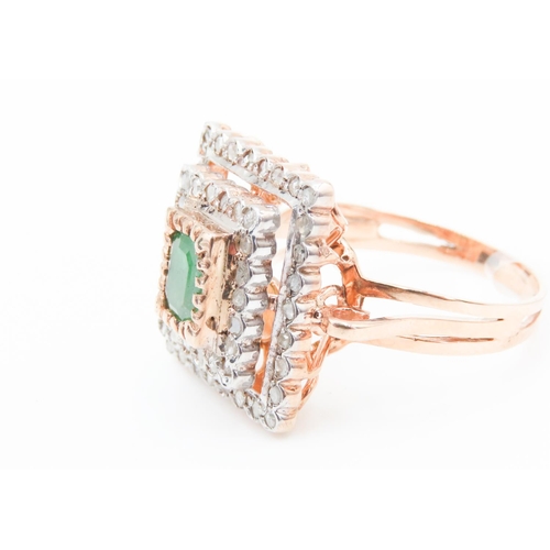 381 - Emerald Ring with Two Row Diamond Halo Set in 9 Carat Rose Gold Ring Size P