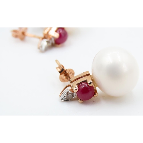 384 - Pair of Ruby and Diamond Set Pearl Earrings Mounted in 14 Carat Rose Gold Each 2cm high