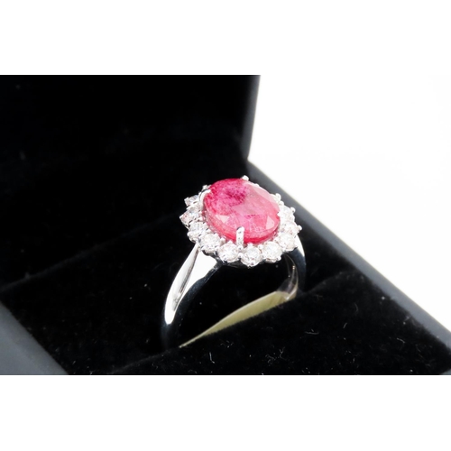 385 - Ruby and Diamond Set Ladies Cluster Ring Mounted in 18 Carat White Gold Ring Size N