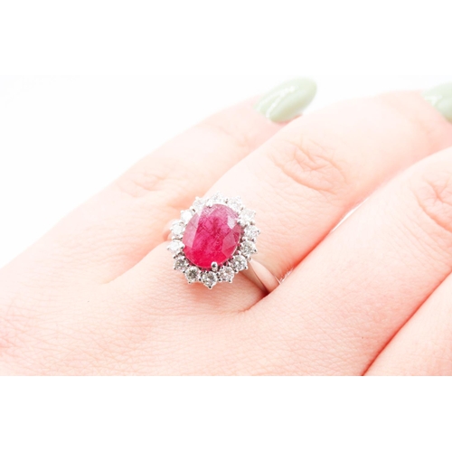 385 - Ruby and Diamond Set Ladies Cluster Ring Mounted in 18 Carat White Gold Ring Size N