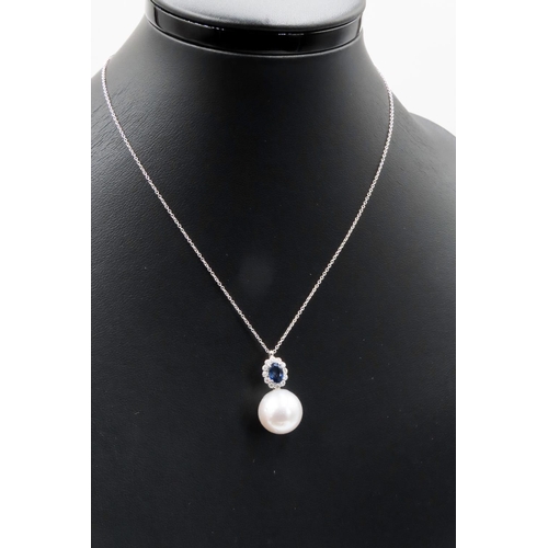 386 - Sapphire and Diamond Set Pearl Pendant Mounted in 18 Carat White Gold 2cm Drop Further Set on 18 Car... 