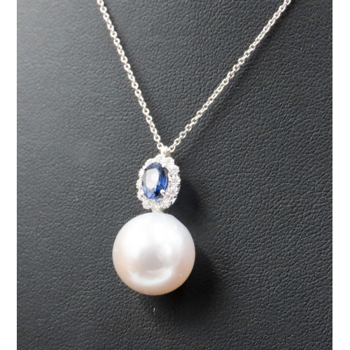 386 - Sapphire and Diamond Set Pearl Pendant Mounted in 18 Carat White Gold 2cm Drop Further Set on 18 Car... 