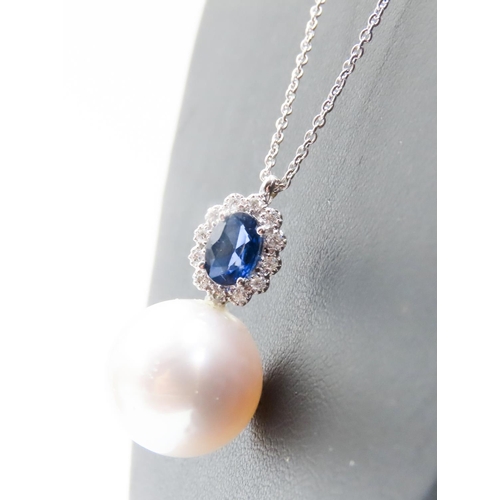 386 - Sapphire and Diamond Set Pearl Pendant Mounted in 18 Carat White Gold 2cm Drop Further Set on 18 Car... 