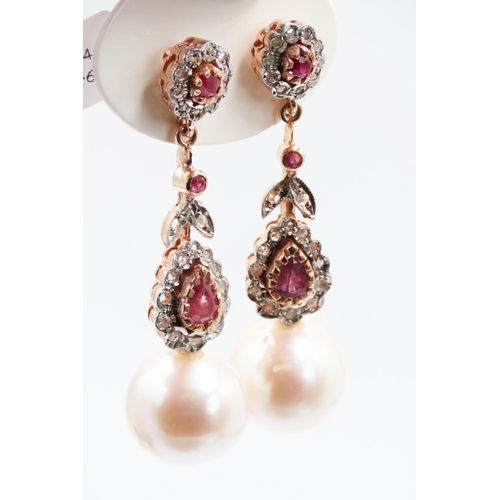 390 - Pair of Ruby and Diamond Set Ladies Pearl Drop Earrings Set in 9 Carat Yellow Gold 4cm Drop Each