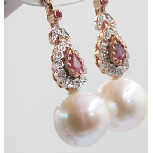 390 - Pair of Ruby and Diamond Set Ladies Pearl Drop Earrings Set in 9 Carat Yellow Gold 4cm Drop Each