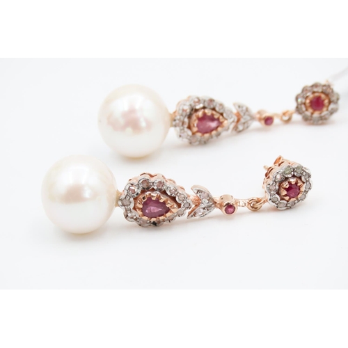 390 - Pair of Ruby and Diamond Set Ladies Pearl Drop Earrings Set in 9 Carat Yellow Gold 4cm Drop Each