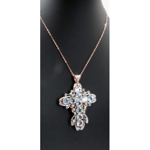 393 - Aquamarine Diamond and Turquoise Set Cross Pendant Attractively Detailed Set in 9 Carat Rose Gold 6c... 