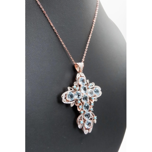 393 - Aquamarine Diamond and Turquoise Set Cross Pendant Attractively Detailed Set in 9 Carat Rose Gold 6c... 