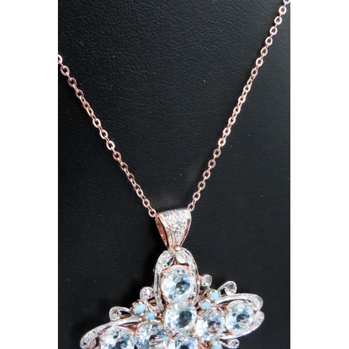 393 - Aquamarine Diamond and Turquoise Set Cross Pendant Attractively Detailed Set in 9 Carat Rose Gold 6c... 