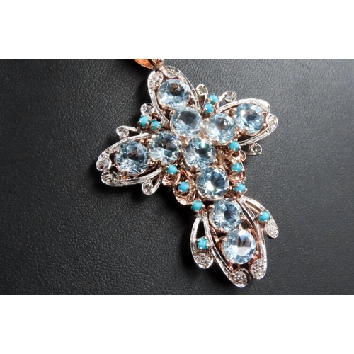 393 - Aquamarine Diamond and Turquoise Set Cross Pendant Attractively Detailed Set in 9 Carat Rose Gold 6c... 