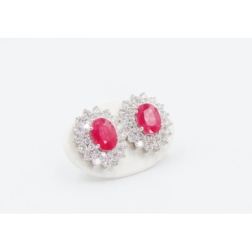 394 - Pair of Ruby Set Earrings with Double Diamond Halo Set in 18 Carat Rose Gold Each 1.5cm High