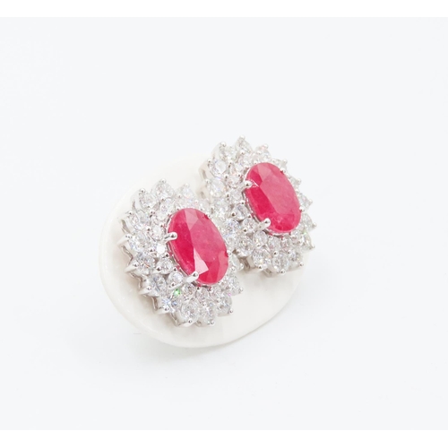 394 - Pair of Ruby Set Earrings with Double Diamond Halo Set in 18 Carat Rose Gold Each 1.5cm High