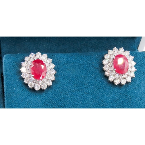 394 - Pair of Ruby Set Earrings with Double Diamond Halo Set in 18 Carat Rose Gold Each 1.5cm High