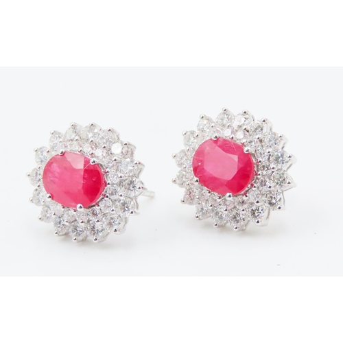 394 - Pair of Ruby Set Earrings with Double Diamond Halo Set in 18 Carat Rose Gold Each 1.5cm High