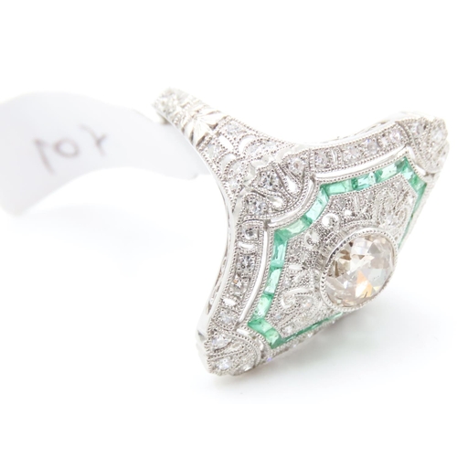 40 - Platinum Diamond Set Panel Ring with Inset Emeralds Lozenge Cut Finely Detailed Throughout  Centre D... 