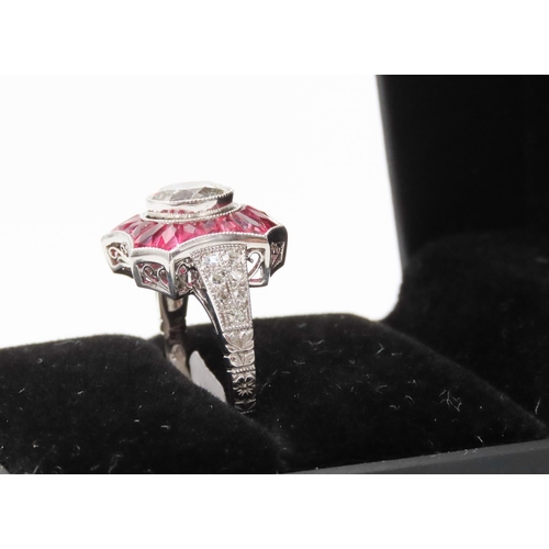 42 - Diamond Solitaire Ring 1.31 Carat with Ruby Set Surround Mounted in Platinum with Further Diamond In... 