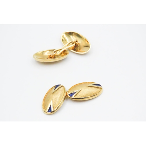 420 - Pair of 18 Carat Yellow Gold Blue Enamel Decorated Cuff Links