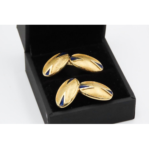 420 - Pair of 18 Carat Yellow Gold Blue Enamel Decorated Cuff Links