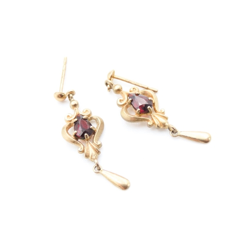 44 - Pair of Attractively Detailed Red Garnet Set Earrings Mounted in 9 Carat Yellow Gold Each 2cm Drop