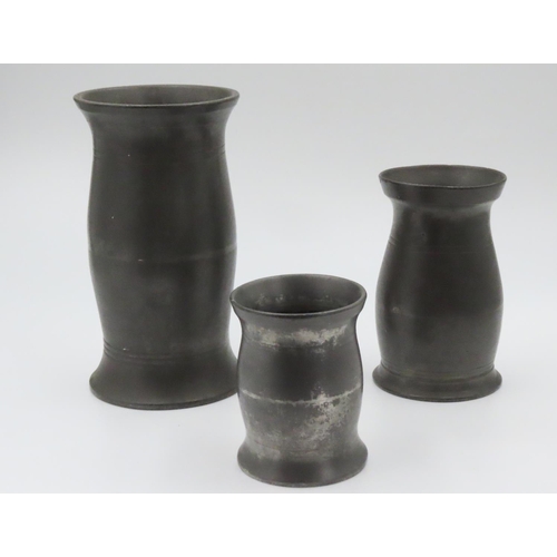 441 - Set of Three Early Irish  Pewter Measures  with Hallmarks to Base 13cm Tallest