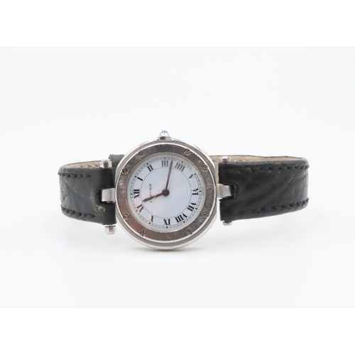 462 - Cartier Santos Ronde Ladies Automatic Wristwatch White Gold and Steel Case Black Leather Strap Sapph... 