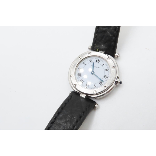 462 - Cartier Santos Ronde Ladies Automatic Wristwatch White Gold and Steel Case Black Leather Strap Sapph... 