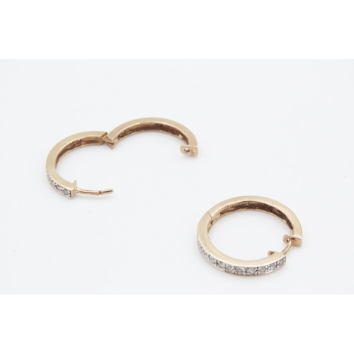 467 - Pair of Diamond Set 9 Carat Yellow Gold hoop Earrings 1.5cm Diameter Each