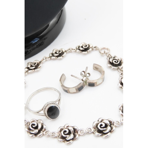 51 - Collection of Various Silver Jewellery Items Including Rose Motif Bracelet Quantity as Photographed