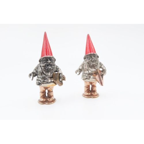 545 - Two Silver Gnome Figures Finely Detailed 5cm High Enamel Decoration