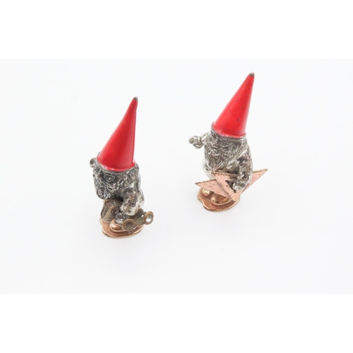 545 - Two Silver Gnome Figures Finely Detailed 5cm High Enamel Decoration