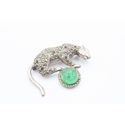 547 - Silver Cabochon Cut Polished Emerald and Marcasite and Onyx Set Panther and Ball Motif Brooch 5cm Wi... 